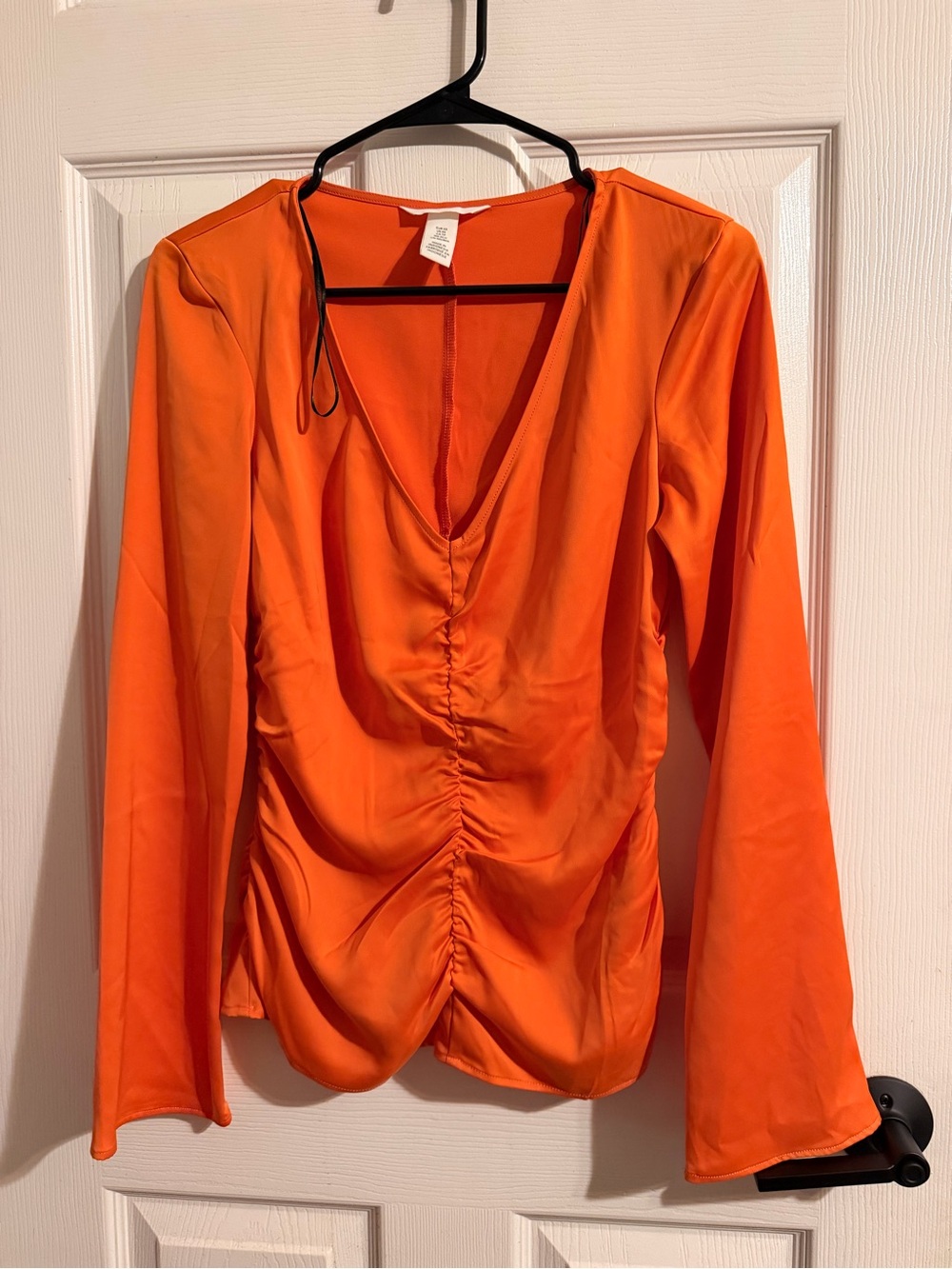 H&M Orange V-Neck Ruched Long-Sleeve Blouse